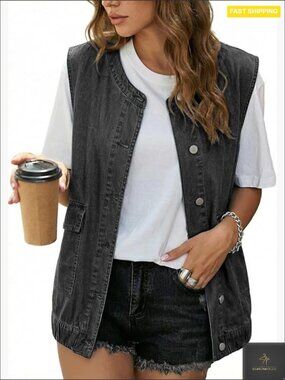 Sleeveless Denim Vest Button Front Patch Pockets Classic Layering Piece